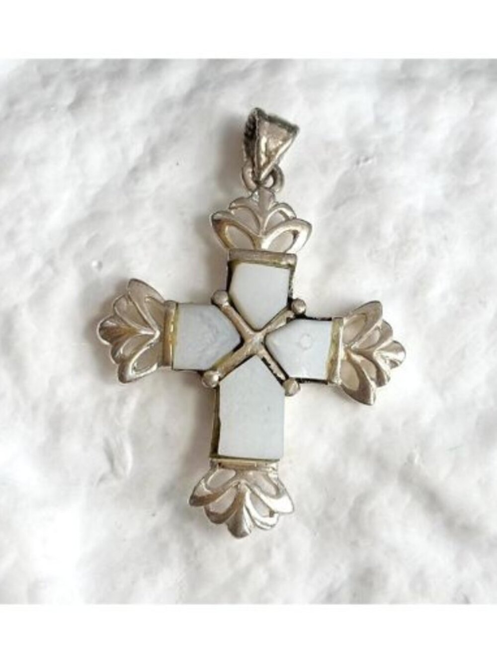 Mother of Pearl Cross Shaped Sterling Silver 925 Vintage Pendant | Charm
